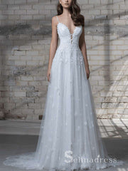 A Line Spaghetti Straps Lace Sparkly White Wedding Dresses MLD005|Selinadress