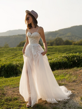 A-line Spaghetti Straps Lace Wedding Dress Rustic Tulle Country Wedding Dresses KTC008|Selinadress