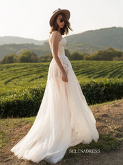 A-line Spaghetti Straps Lace Wedding Dress Rustic Tulle Country Wedding Dresses KTC008|Selinadress