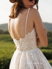 A-line Spaghetti Straps Lace Wedding Dress Rustic Tulle Country Wedding Dresses KTC008|Selinadress
