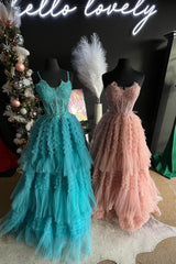 A-Line Spaghetti Straps Layered Lace Long Prom Dress Gorgeous Frill Layered Gown JKSS03|Selinadress