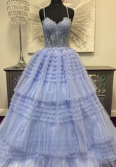 A-Line Spaghetti Straps Layered Lace Long Prom Dress Gorgeous Frill Layered Gown JKSS03|Selinadress