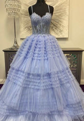 A-Line Spaghetti Straps Layered Lace Long Prom Dress Gorgeous Frill Layered Gown JKSS03|Selinadress