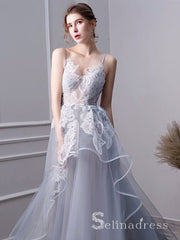 A-line Spaghetti Straps Light Gray Lace Long Sweet 16 Prom Dress Evening Dress SED052|Selinadress