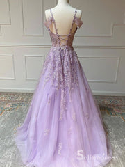 A-line Spaghetti Straps Lilac Long Prom Dresses Lace Evening Gowns CBD548|Selinadress