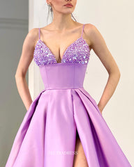 A-line Spaghetti Straps Lilac Prom Dress Thigh Split Satin Evening Gowns #POL107|Selinadress