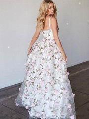 A-line Spaghetti Straps Long Prom Dress 3D Floral Lace Foraml Dress Evening Gowns SED022