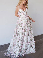 A-line Spaghetti Straps Long Prom Dress 3D Floral Lace Foraml Dress Evening Gowns SED022