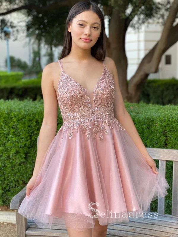 A-line Spaghetti Straps Pink Short Prom Dress Lace Homecoming Dresses  #MHL121