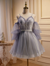 A-line Spaghetti Straps Puff Sleeve Short Prom Dress Lace Homecoming Dress Cocktail Dresses lop260|Selinadress