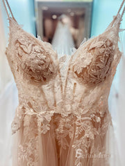 A-line Spaghetti Straps Rustic Embroidery Lace Wedding Dresses Country Bridal Gowns MSL2814|Selinadress