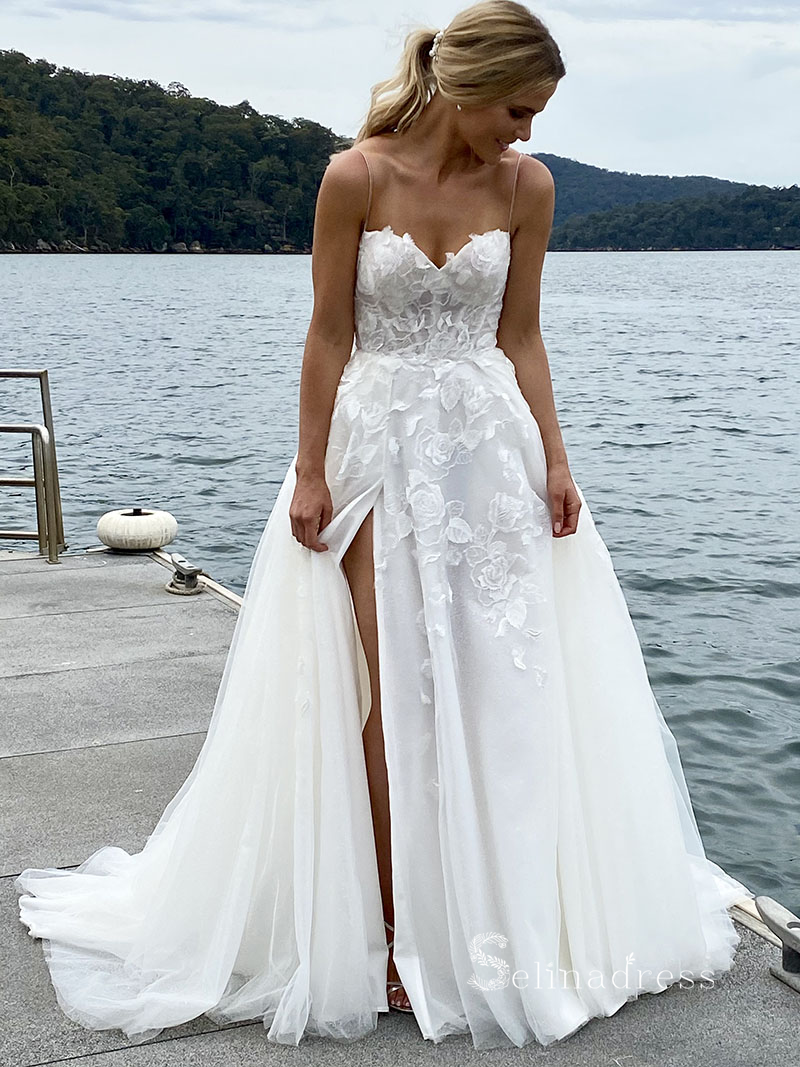 A-line Spaghetti Straps Sleeveless Rustic Wedding Dresses Lace Bridal Gowns MHL2803|Selinadress