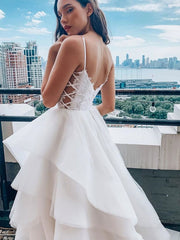 A-line Spaghetti Straps White Lace Long Prom Dresses Formal Dress Evening Gowns CBD573|Selinadress