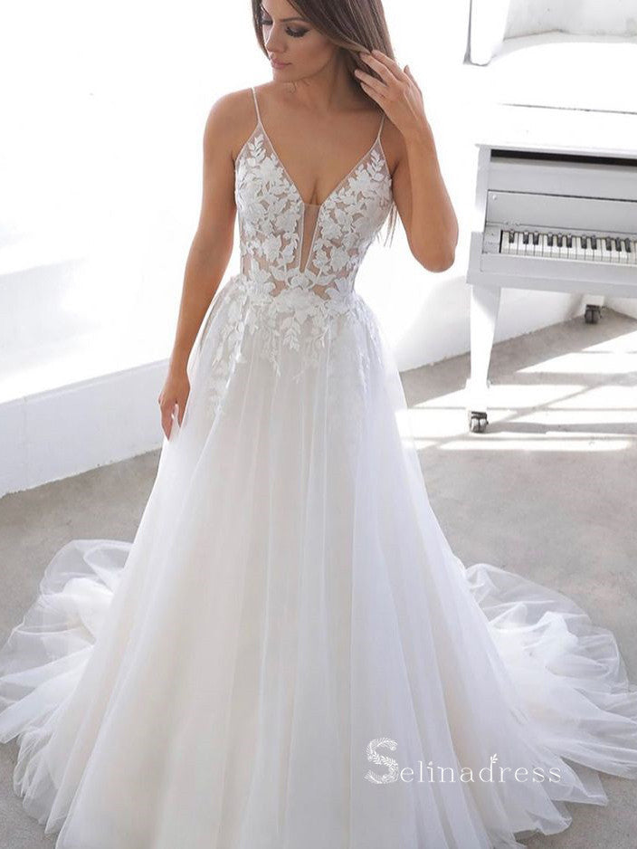 A-line Spaghetti Straps White Tulle Wedding Dress Backless Applique Bridal Dresses RYU032|Selinadress