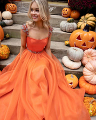 A-line Square Neck Orange Prom Dress Beautiful Beaded long Formal Dresses KPY056|Selinadress