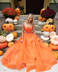 A-line Square Neck Orange Prom Dress Beautiful Beaded long Formal Dresses KPY056|Selinadress