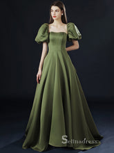 A-line Square Short Sleeve Long Prom Dress Satin Evening Dresses GKF018|Selinadress