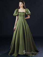 A-line Square Short Sleeve Long Prom Dress Satin Evening Dresses GKF018|Selinadress