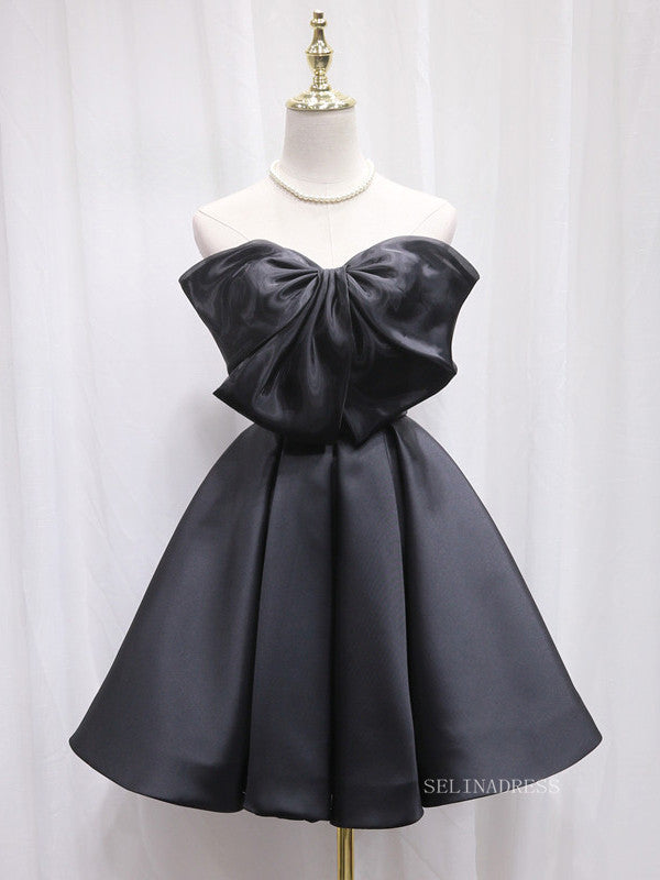 A-line Strapless Black Cute Homecoming Dress Big Bow Short Prom Dresses EDS025|Selinadress