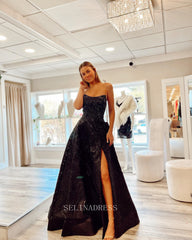 A-line Strapless Black long Prom Dress Sparkly Beaded Formal Dresses KPY055|Selinadress