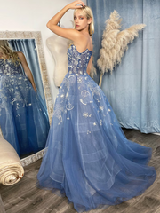 A-line Strapless Unique Blue Prom Dress Gorgeous Evening Gowns #QWE036|Selinadress