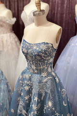 A-line Strapless Unique Blue Prom Dress Gorgeous Evening Gowns #QWE036|Selinadress