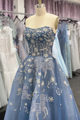 A-line Strapless Unique Blue Prom Dress Gorgeous Evening Gowns #QWE036|Selinadress