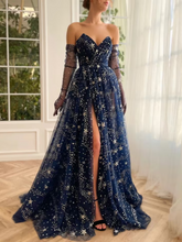 A-line Strapless Unique Dark Navy Prom Dress Gorgeous Evening Gowns #QWE037|Selinadress