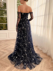 A-line Strapless Unique Dark Navy Prom Dress Gorgeous Evening Gowns #QWE037|Selinadress