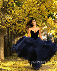 A-line Strapless V neck Prom Dress Elegant Dark Navy Evening Dress Party Dress #JKP016|Selinadress