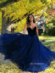 A-line Strapless V neck Prom Dress Elegant Dark Navy Evening Dress Party Dress #JKP016|Selinadress