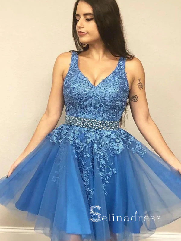 affordable homecoming dresses A-line Straps Blue Applique Short Prom Dress Cheap – SELINADRESS Color:Light Gold* Copper Bridesmaid Dresses- ChicSew halter asymmetric cocktail dress Back Details