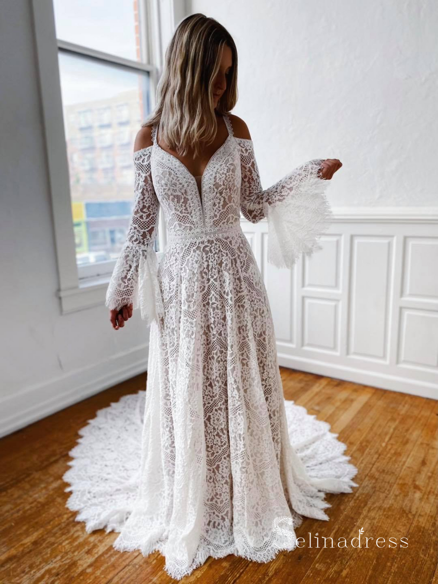 Boho A-line V Back Bridal Lace Gown Separates Wedding Dress main image 0