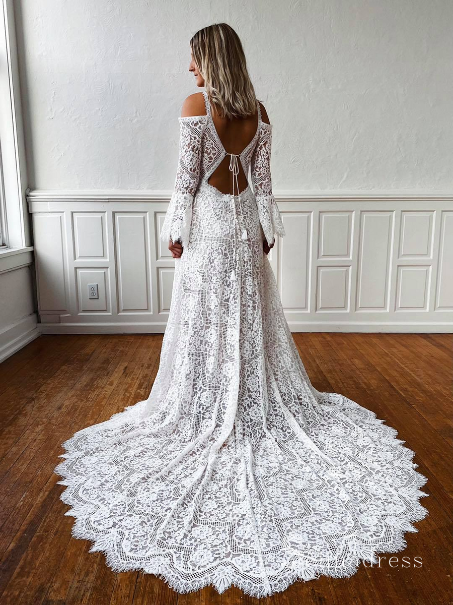 Elegant Boho A-line V-neck Lace Backless Wedding Dress With Long Sleeves main image 0