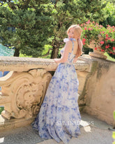 A-line Straps Bow Tie Gorgeous Blue Flower Prom Dress Party Dress #JKW006|Selinadress