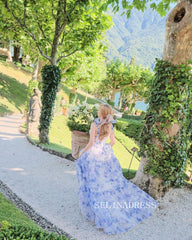 A-line Straps Bow Tie Gorgeous Blue Flower Prom Dress Party Dress #JKW006|Selinadress