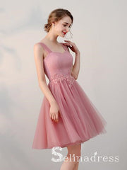 A-line Straps Cheap Pink Short Prom Dress Simple Lace Homecoming Dress HML012|Selinadress