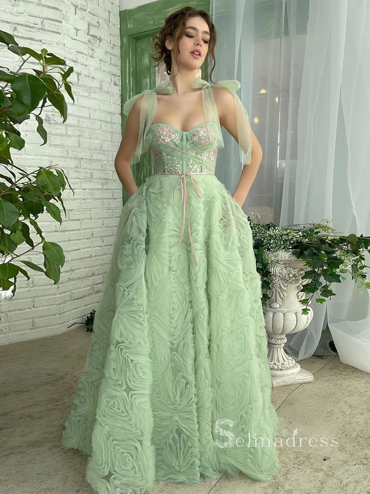 A-line Straps Mint Green Long Prom Dress With Sequins Ruffles