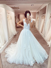 A-line Straps Rustic Lace Wedding Dresses White Applique Bridal Gowns MSL2810|Selinadress