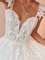 A-line Straps Rustic Lace Wedding Dresses White Applique Bridal Gowns MSL2810|Selinadress