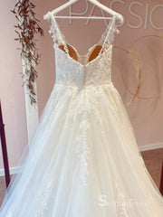 A-line Straps Rustic Lace Wedding Dresses White Applique Bridal Gowns MSL2810|Selinadress