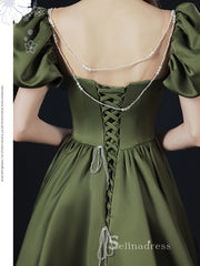 A-line Straps Short Sleeve Long Prom Dress With Pocket Satin Evening Dresses GKF021|Selinadress