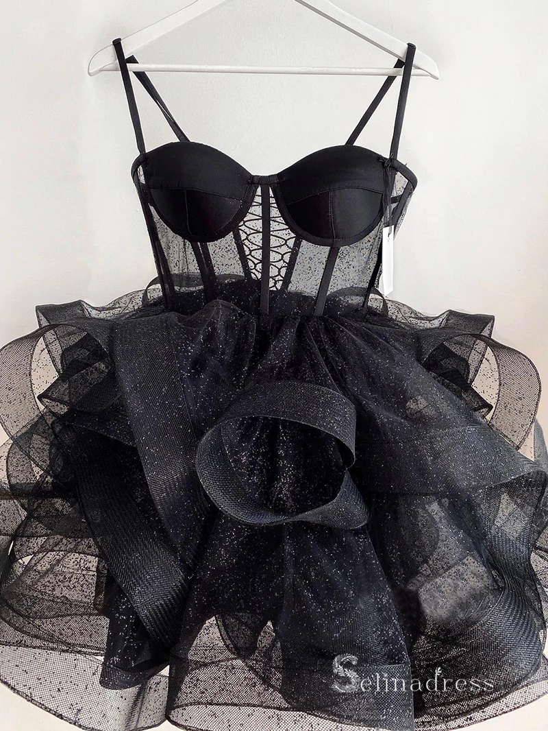 A-line Sweetheart Cute Homecoming Dresses Black Short Prom Dress Mini Dress MLK05169|Selinadress