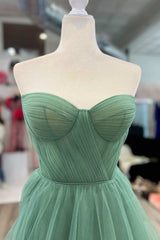 A-Line Sweetheart Green Tulle Hand Made Flower Long Prom Dress JKW123|Selinadress