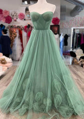 A-Line Sweetheart Green Tulle Hand Made Flower Long Prom Dress JKW123|Selinadress