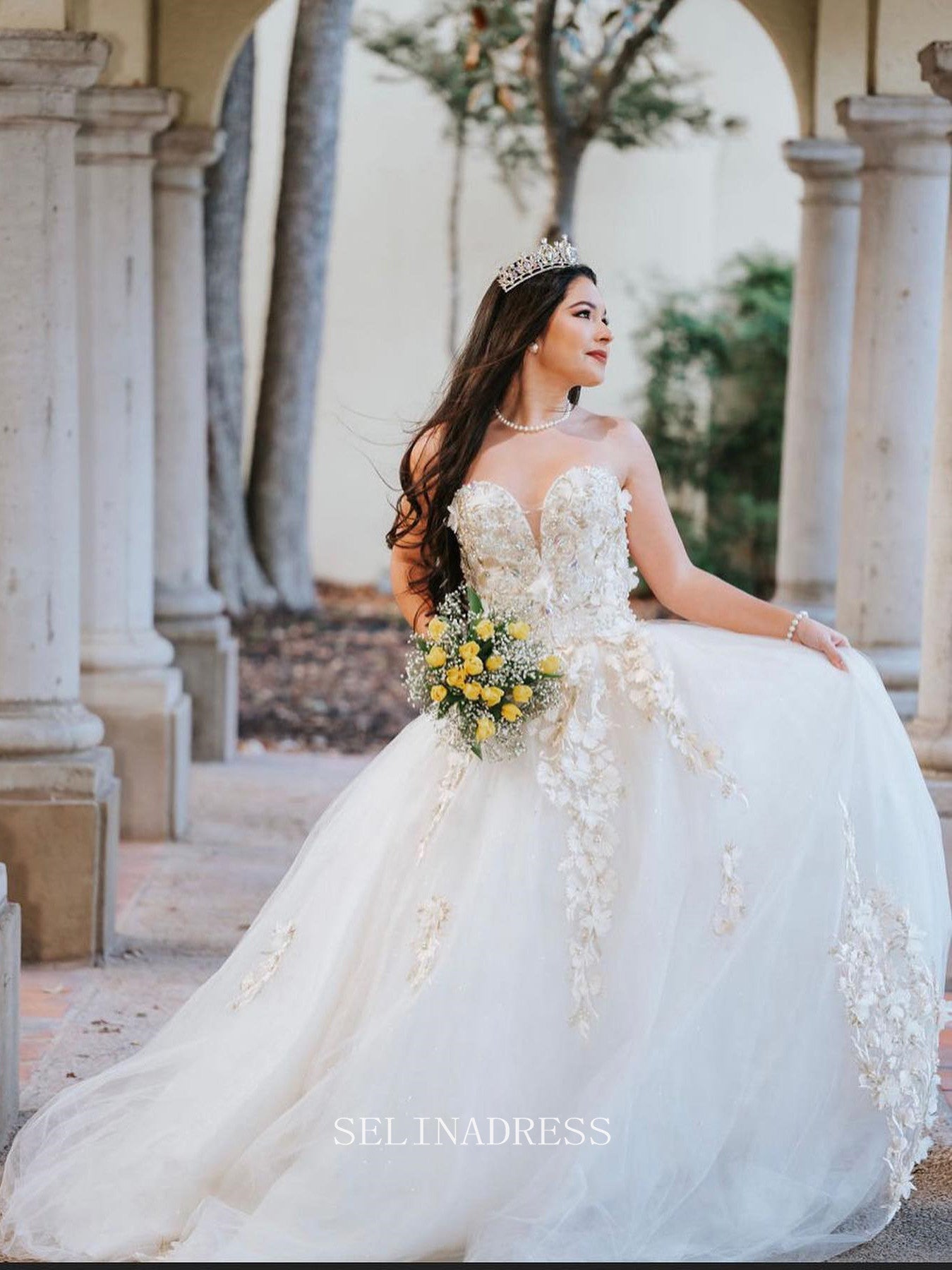 A-line Sweetheart Romantic Beaded Lace Country Wedding Dresses LOP609|Selinadress