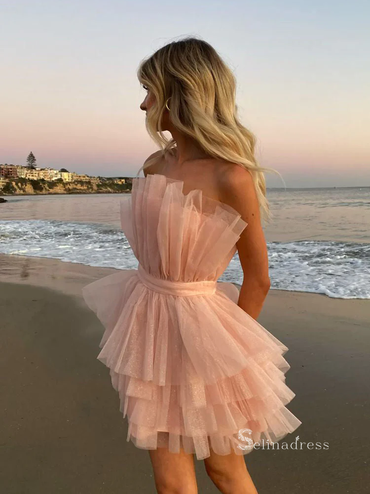 A-line Tulle Cute Strapless Short Homecoming Dress Spring Outfits Summ –  SELINADRESS