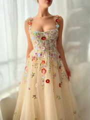 A Line Tulle Floral Princess Formal Dress Straps Embroidered Prom Dress #QWE039|Selinadress