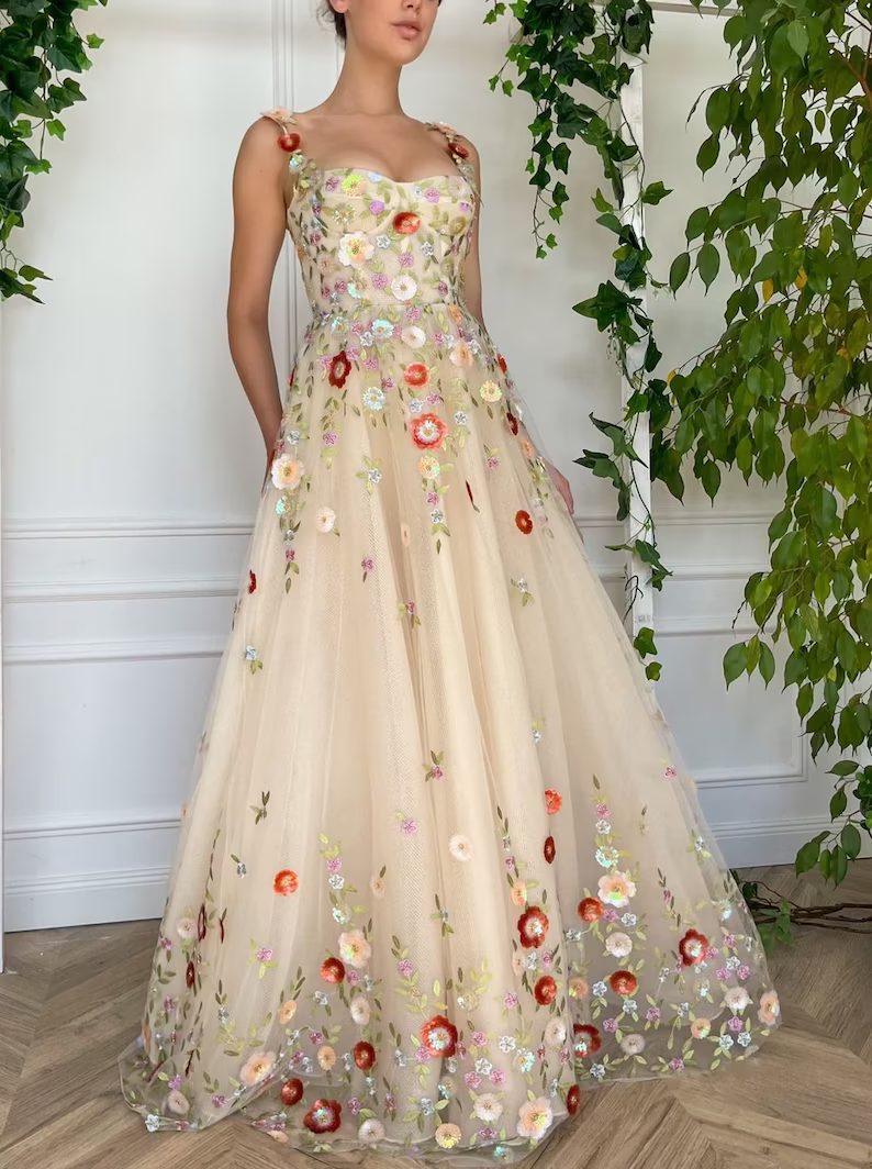 A Line Tulle Floral Princess Formal Dress Straps Embroidered Prom Dress #QWE039|Selinadress