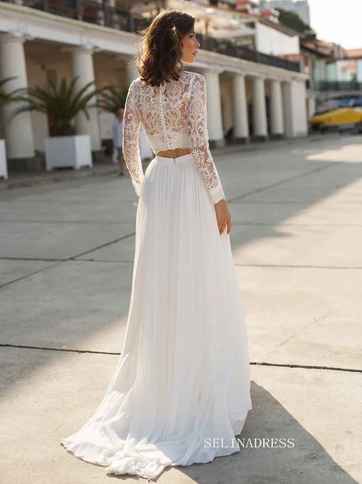 Two Piece A-line Long Sleeve Rustic Wedding Dresses White Tulle Bridal –  SELINADRESS